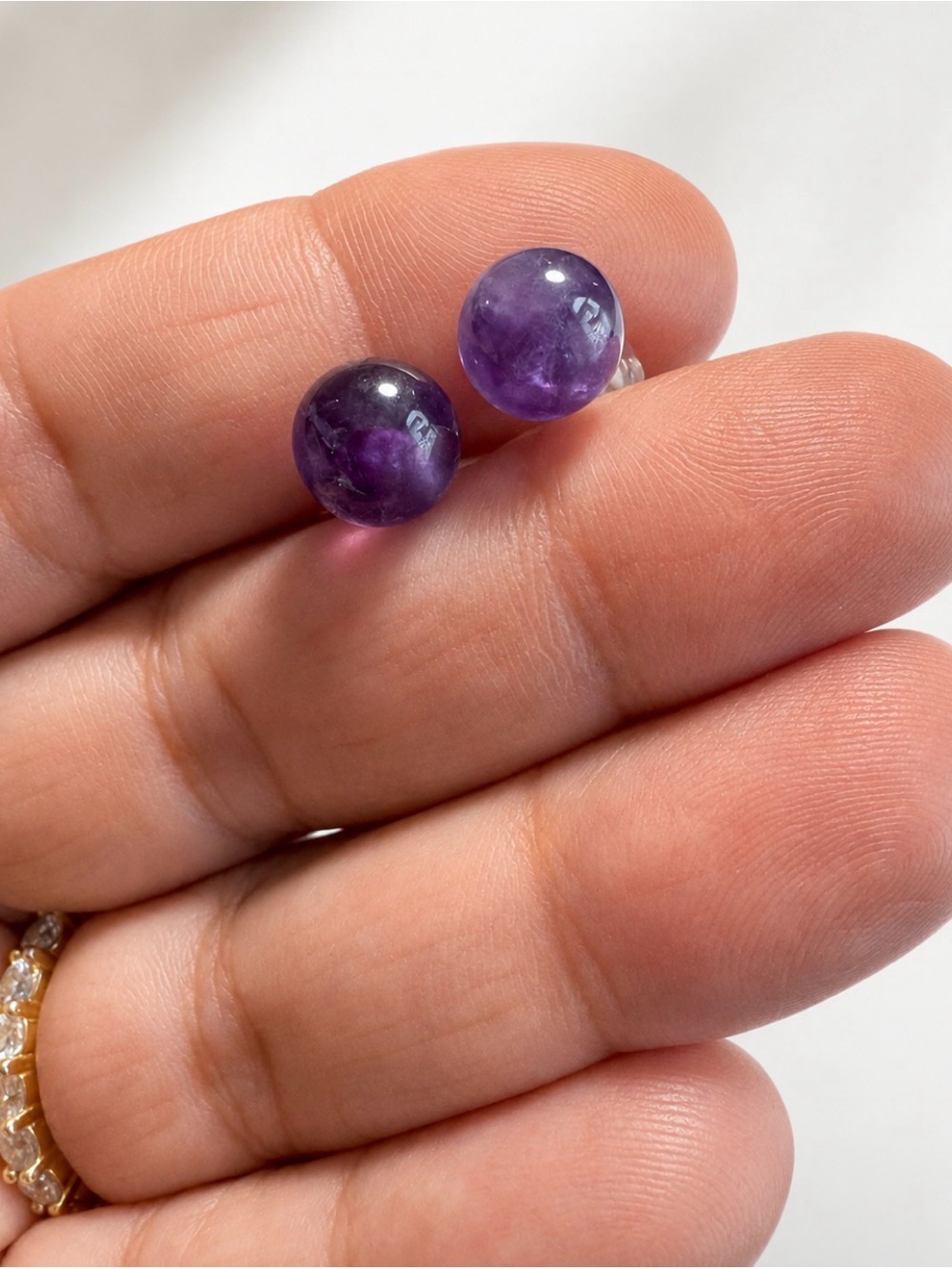 10K Gold Marked - Amethyst Round Ball Stud Earrings Purple Gemstone